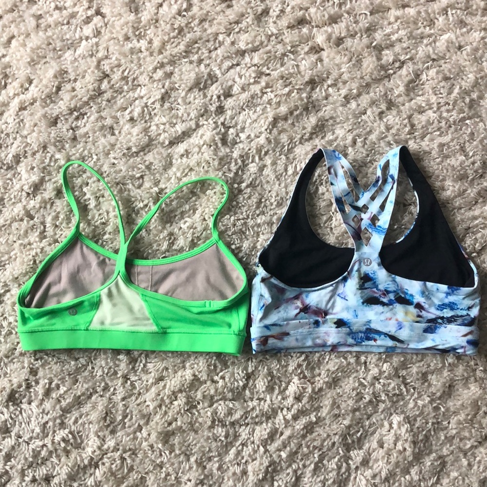 Lululemon sports bras, great condition, lime green and blue with pattern